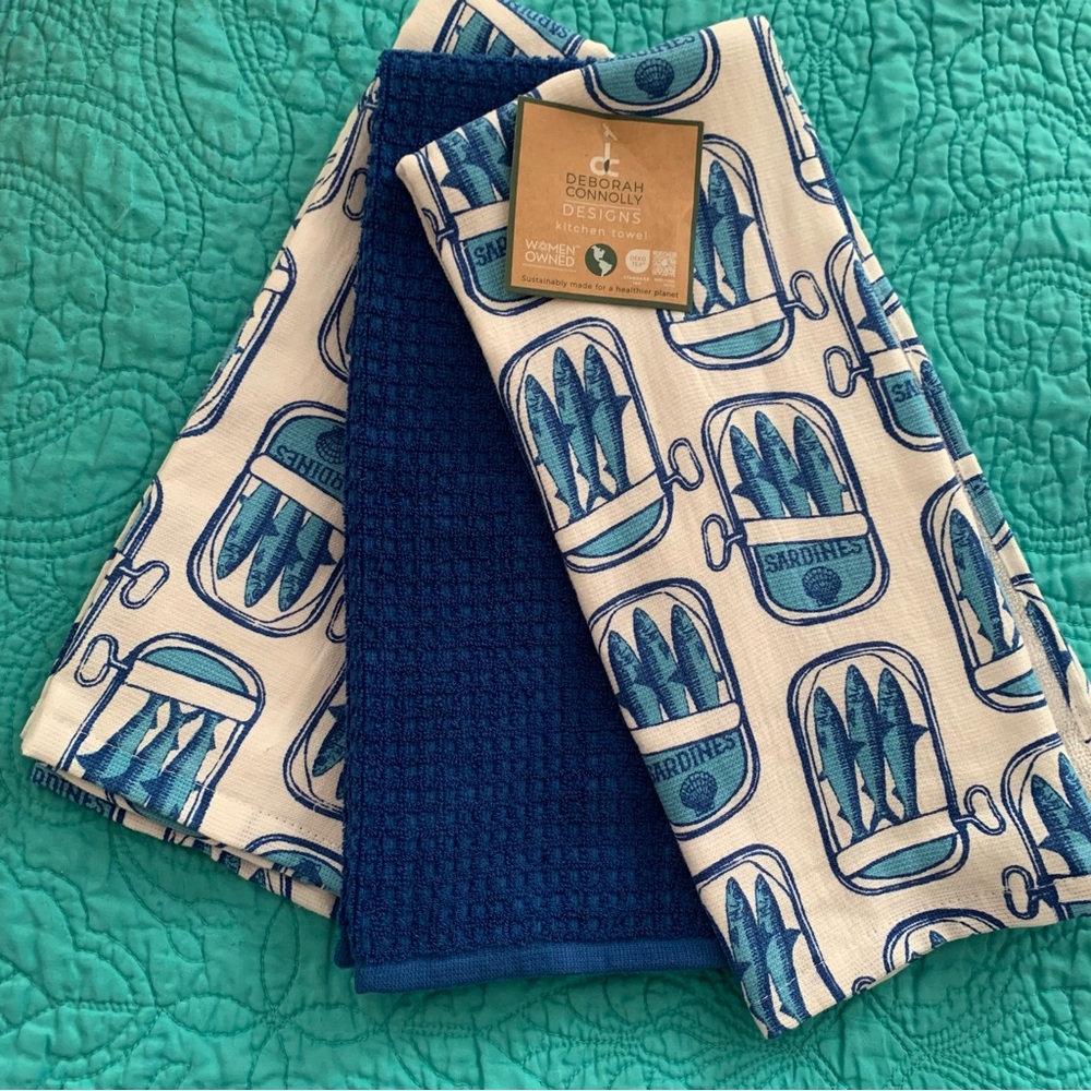 Blue White Kitchen Towel Set Sardines Ron Can Fish Ocean Food